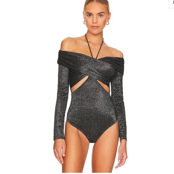 JONATHAN SIMKHAI STANDARD Raina Metallic Off Shoulder Bodysuit in Black Size S - Picture 2 of 6